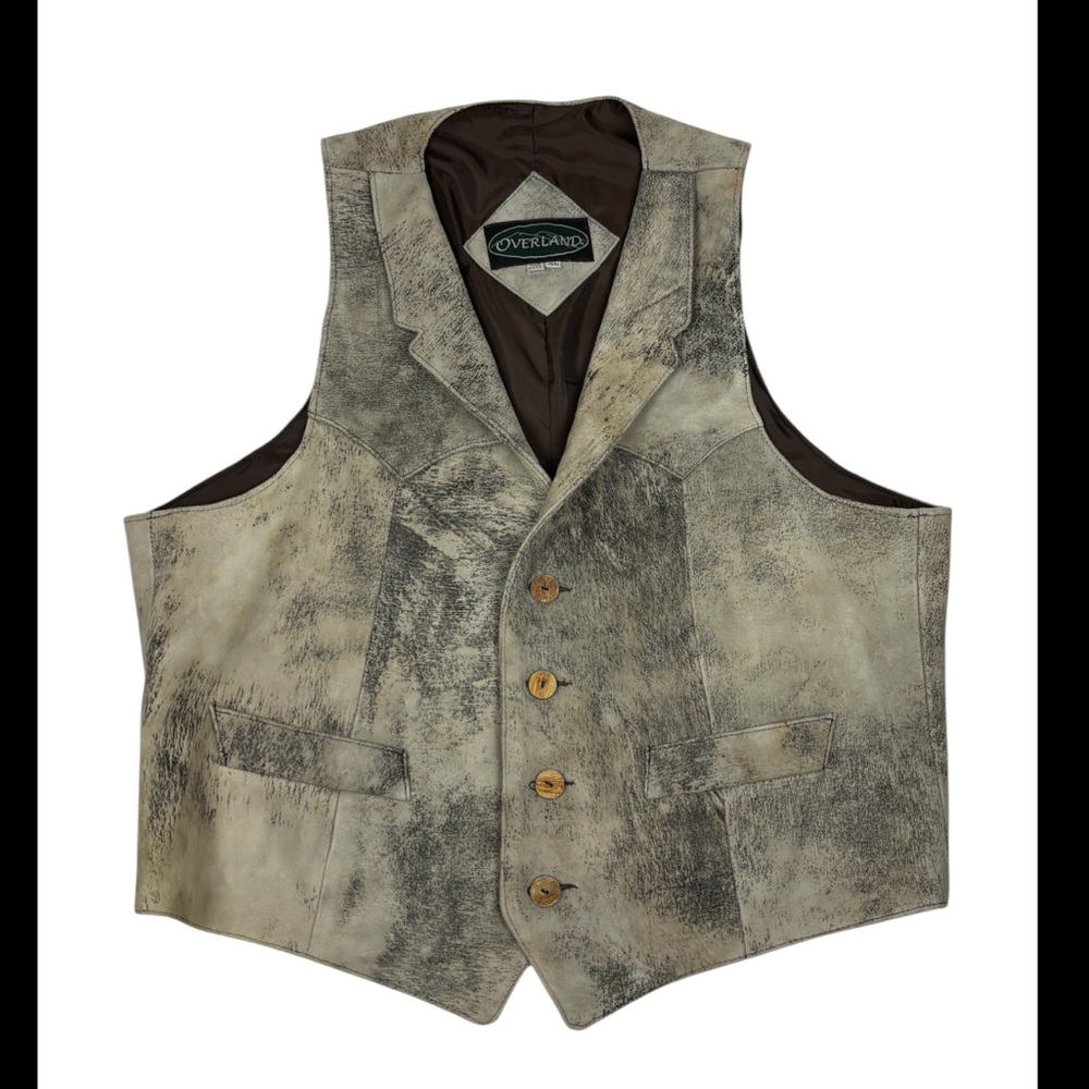 Overland Distressed Leather Suede Vest Rare Beige Made In USA Mens 46 XXL